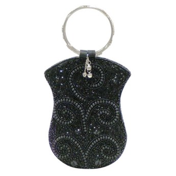 Black Beaded Mobile Bag With Ring Handle