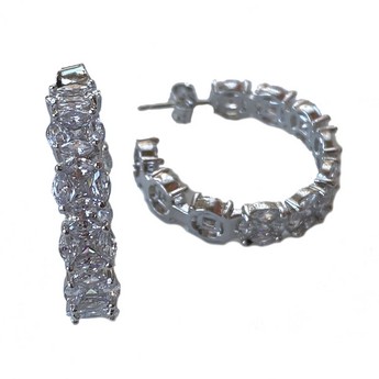 Large Princess Cut Crystal Hoop Earrings (White Gold)