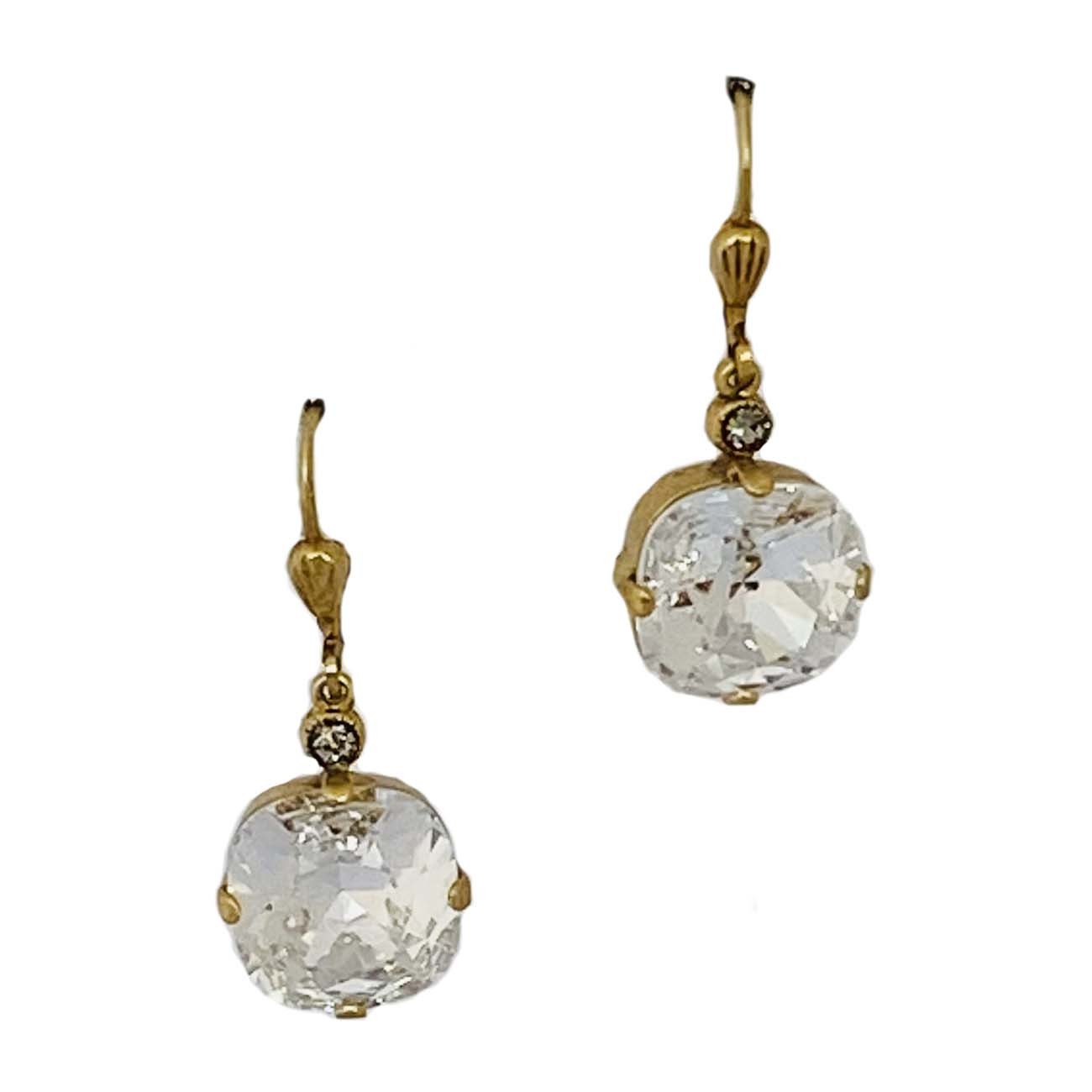 Ice clear crystal old glass drop earrings gold plated lever back