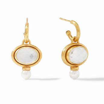 Gold Hoop Earrings with Oval Iridescent Crystal Charm