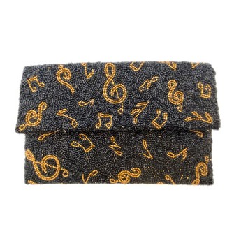 Black & Bronze Beaded Clutch with Music Notes