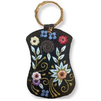 Black Beaded Mobile Bag with Flowers & Ring Handle