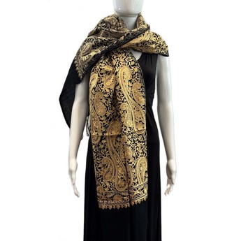 Gold on Black Embroidered Woven Shawl