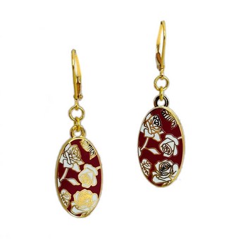 Red & Gold Earrings with White Roses