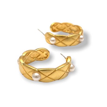 Quilted Gold Hoop Earrings with Pearls