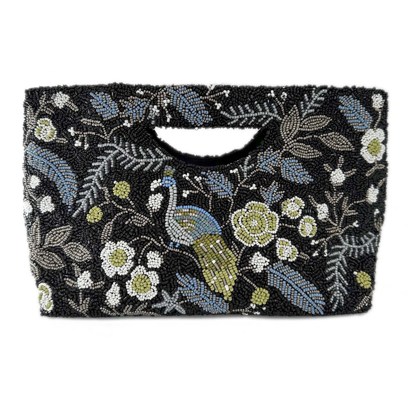 Black floral beaded clutch