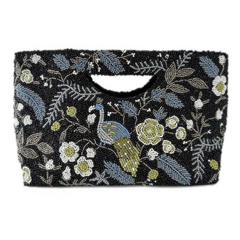 Black Beaded Bag With Peacock