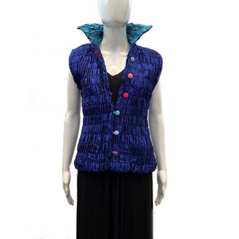 Royal Blue Silk Cocoon Vest with Turquoise Collar