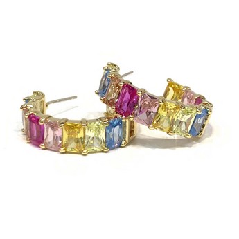 Multi- Colored Crystal Hoop Earrings In Gold