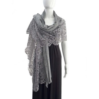 Grey Mélange Wool Scarf with Leaf Lace Panel