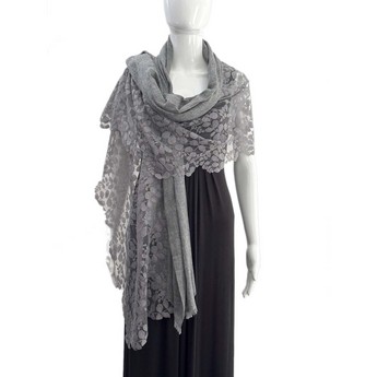 Grey Mélange Wool Scarf With Leaf Lace Panel