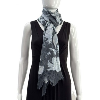 Grey Toile Print Wool & Silk Scarf with Fine Lace Detail