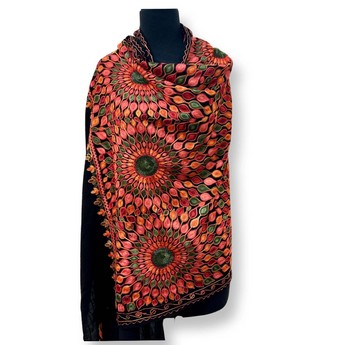 Abstract Black, Green & Pink Embroidered Shawl