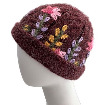 Burgundy Floral Knit Hat