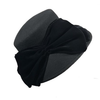 Slant Crown Black Wool Hat with Velvet Bow