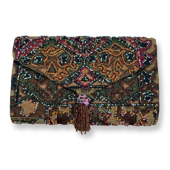 Abstract Jacquard Beaded Clutch with Tassel