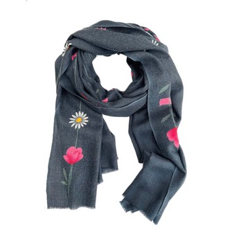 Soft Black Shawl with Strands of Flowers