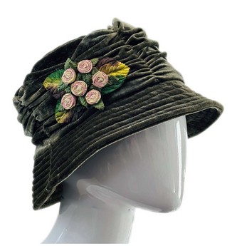 Velvet Rosette Bucket Hat in Olive Green
