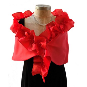 Red Silk Evening Wrap with Ruffles