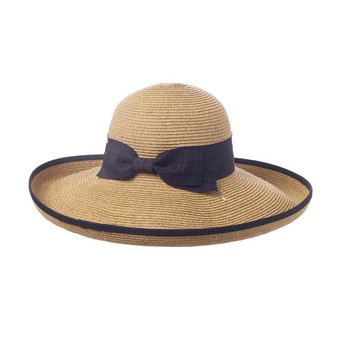 Natural Packable Hat with Black Bow & Trim