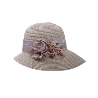 Natural Packable Cloche Hat with Light Pink Band & Pink Flowers