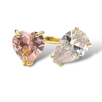 Adjustable Ring with Pink Heart & Clear Pear Gemstones