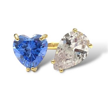 Adjustable Ring with Blue Heart & Clear Pear Gemstones