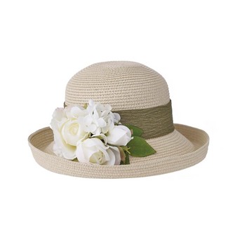 Natural Packable Hat with Sage Green Band & Cream Flowers