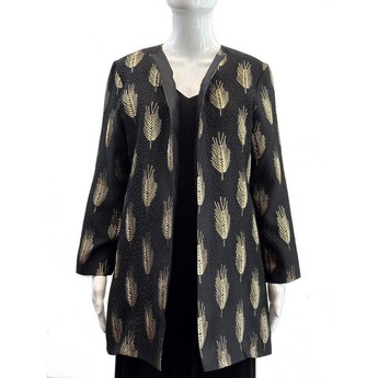 Long Black Jacket with Gold Feather Pattern