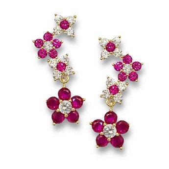 Drop Earrings with Four Flowers in Gold and Ruby