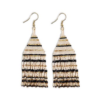 Black, White, and Gold Striped Beaded Earrings