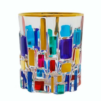 Whiskey Glass with Gold and Multi-Colored Squares