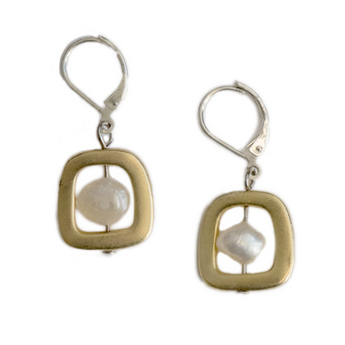 Gold Square & Pearl Earrings