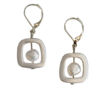 Silver Square & Freshwater Pearl Earrings