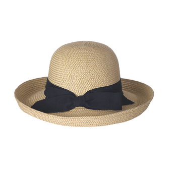 Natural Packable Hat With Roller Brim And Black Bow