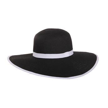 Wide Brim Black Packable Sun Hat With White Ribbon Trim