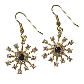 Sputnik Gold & Crystal Earrings With Onyx (1 ½” LONG)