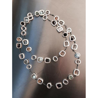 Silver Squares & Natural Stones Long Necklace