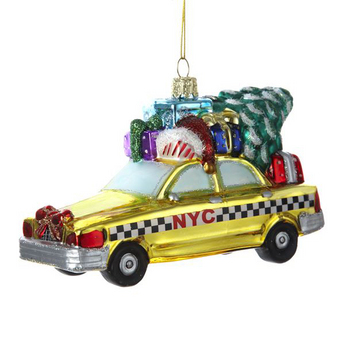 NYC Yellow Checker Taxi & Christmas Tree Glass Ornament